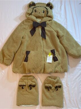 NWT Kawaii Huhu EGL Lolita Brown Milk Tea Tan Bear Hooded Coat + Leg Warmers Set
